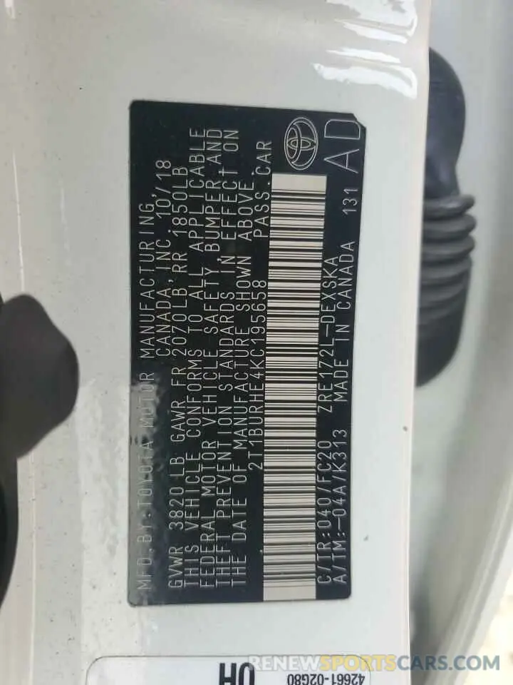 12 fotografías del automóvil dañado 2T1BURHE4KC195658 TOYOTA COROLLA 2019