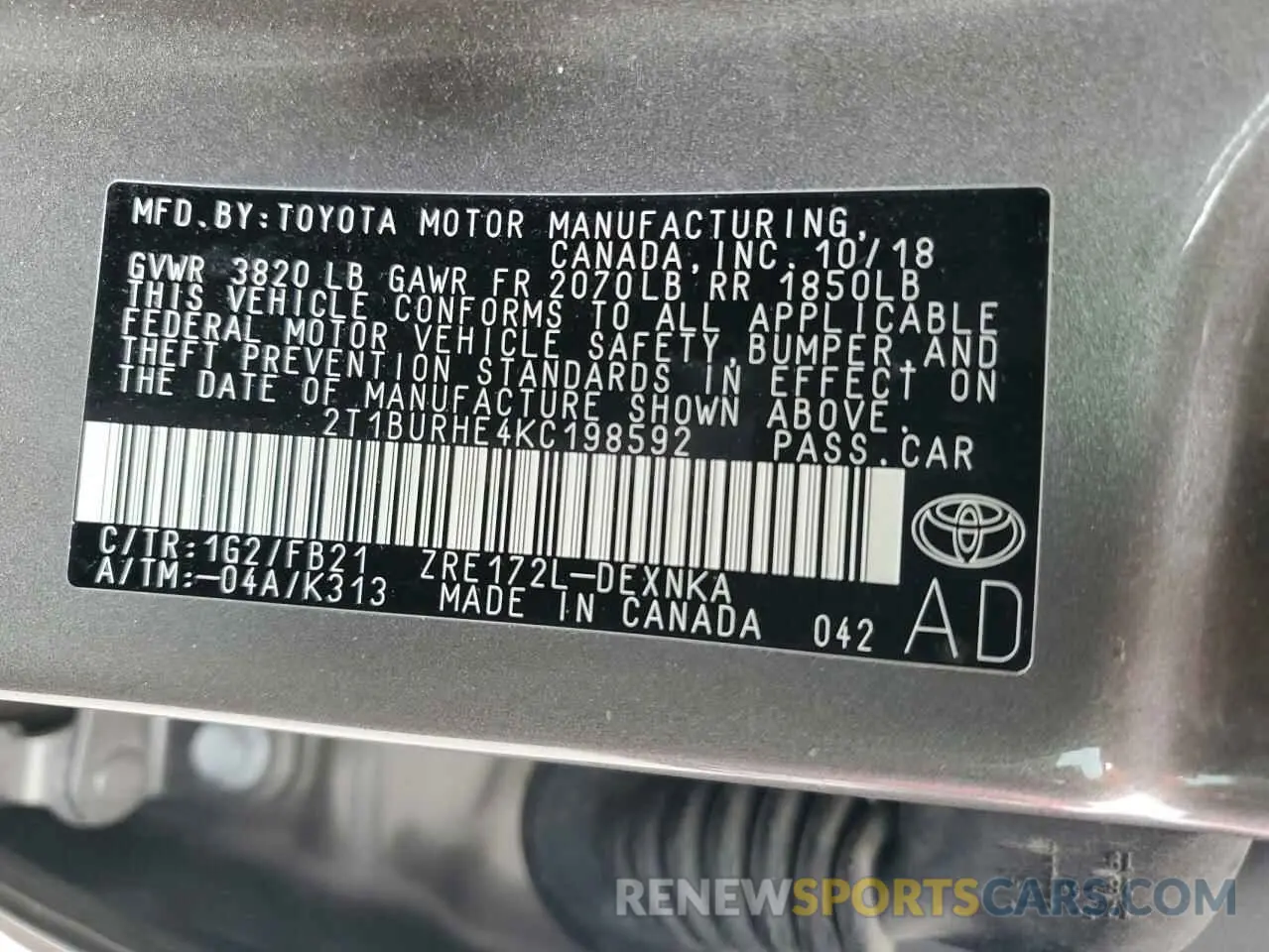 12 fotografías del automóvil dañado 2T1BURHE4KC198592 TOYOTA COROLLA 2019