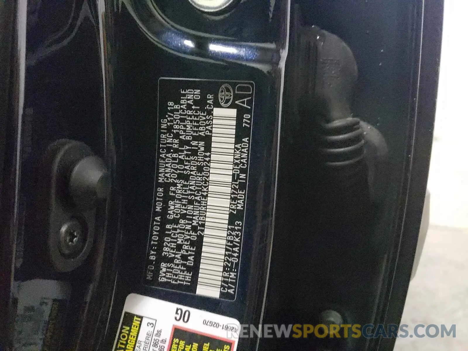 10 fotografías del automóvil dañado 2T1BURHE4KC200244 TOYOTA COROLLA 2019