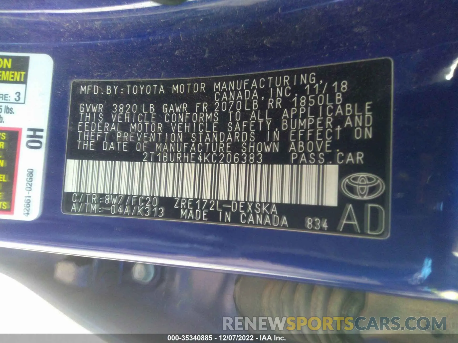 9 fotografías del automóvil dañado 2T1BURHE4KC206383 TOYOTA COROLLA 2019