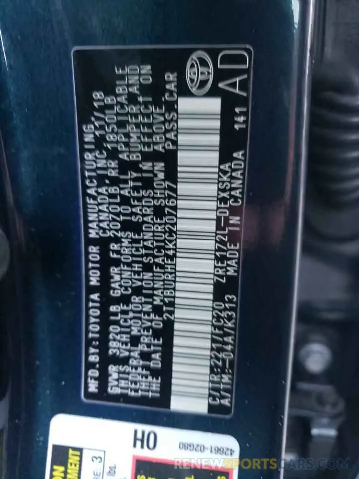 10 fotografías del automóvil dañado 2T1BURHE4KC207677 TOYOTA COROLLA 2019