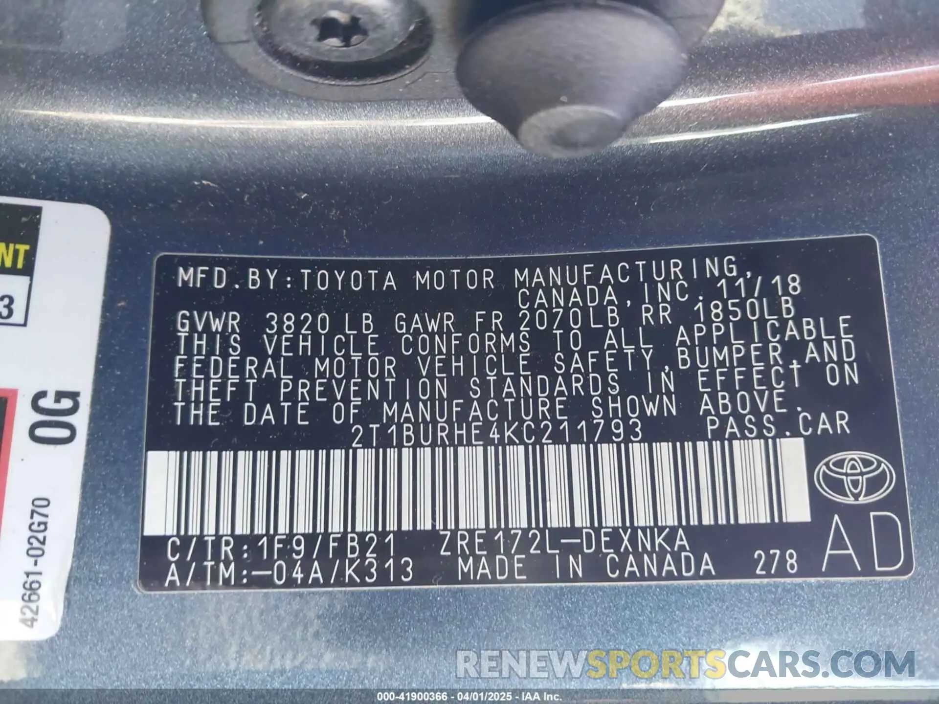 9 fotografías del automóvil dañado 2T1BURHE4KC211793 TOYOTA COROLLA 2019