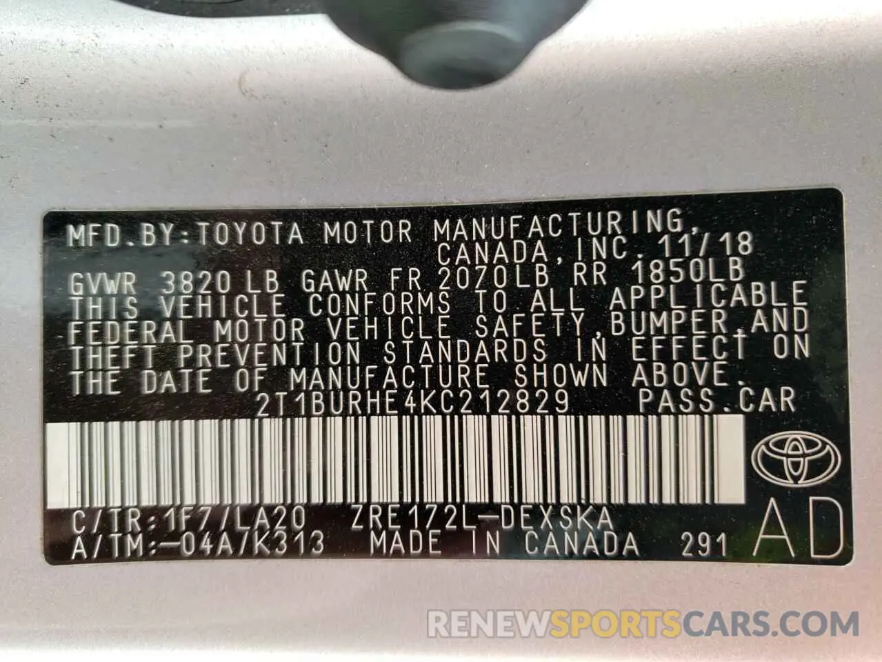 10 fotografías del automóvil dañado 2T1BURHE4KC212829 TOYOTA COROLLA 2019