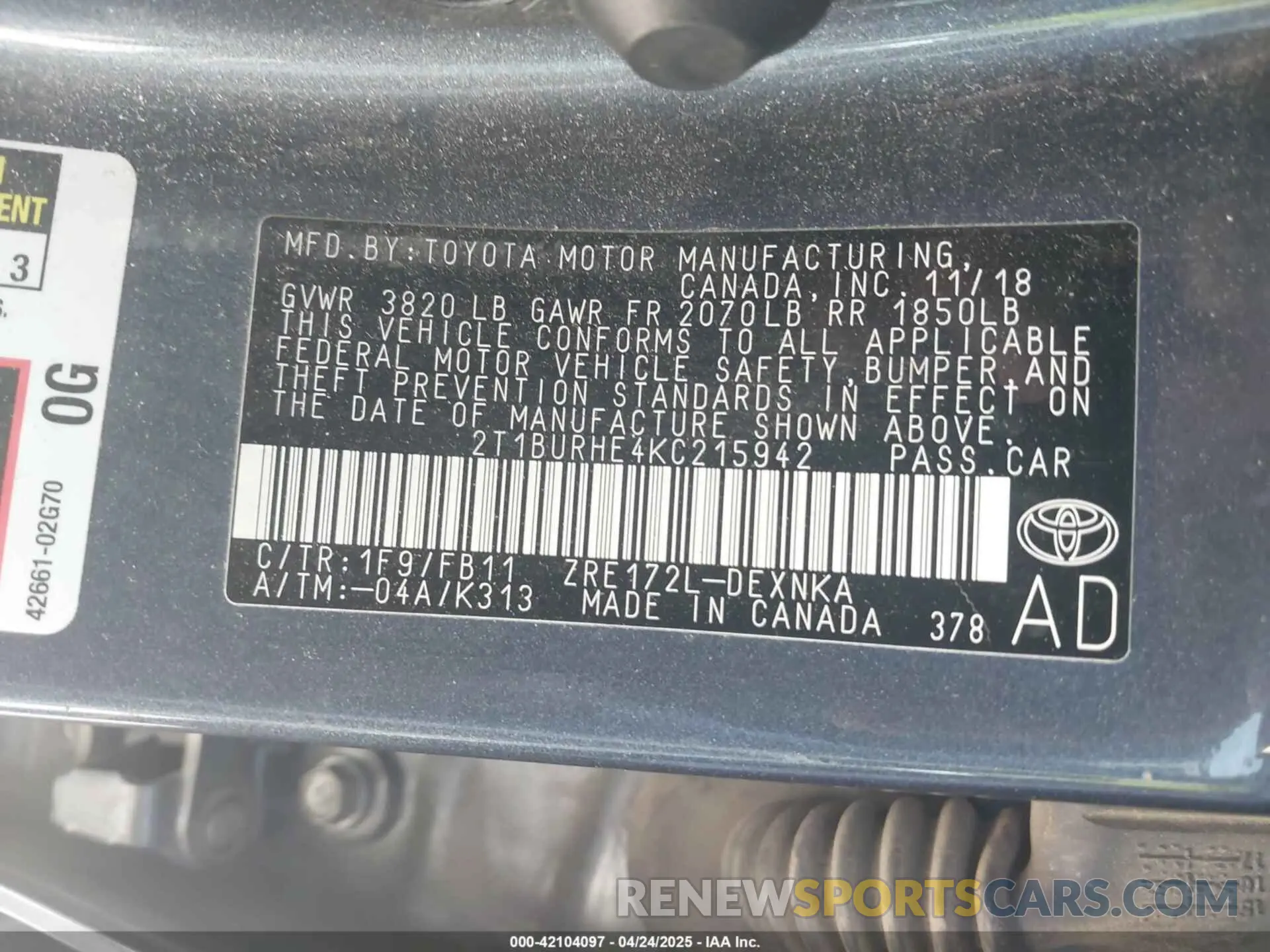 9 fotografías del automóvil dañado 2T1BURHE4KC215942 TOYOTA COROLLA 2019