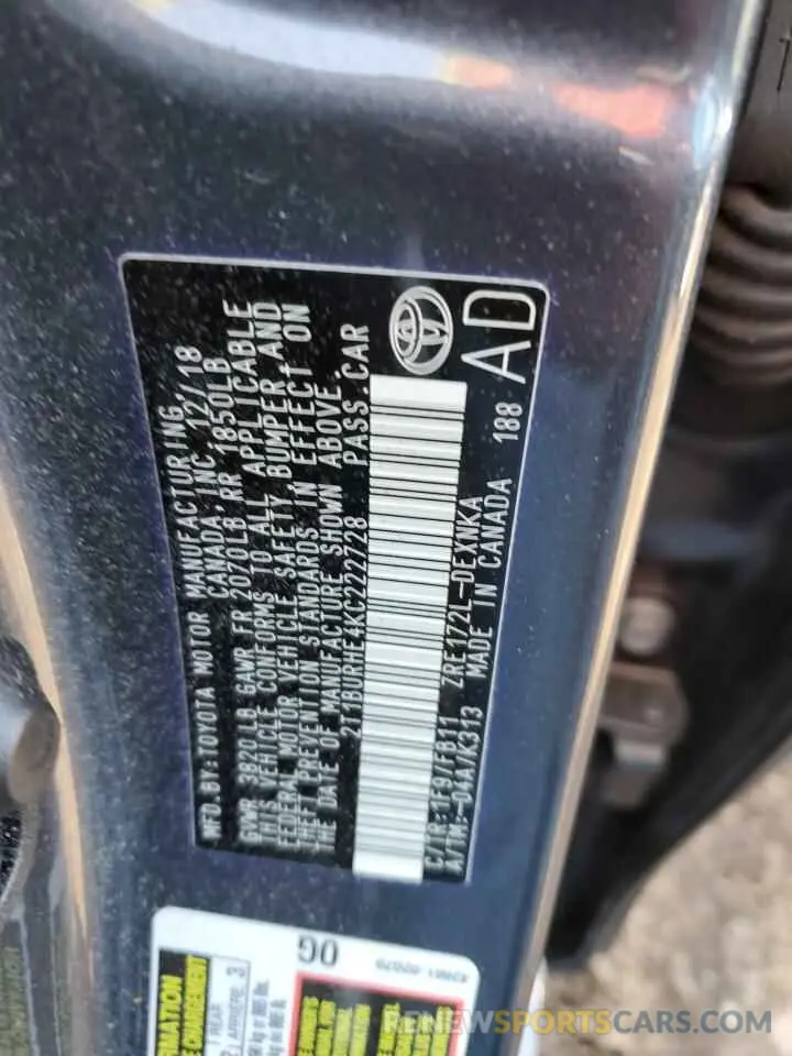 10 fotografías del automóvil dañado 2T1BURHE4KC222728 TOYOTA COROLLA 2019
