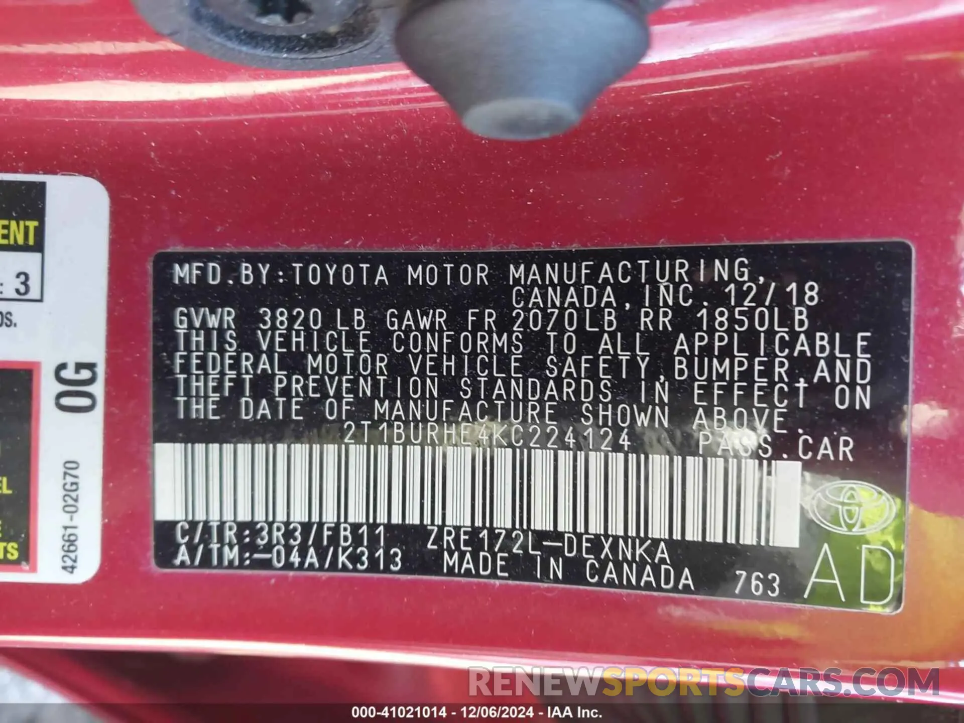 9 fotografías del automóvil dañado 2T1BURHE4KC224124 TOYOTA COROLLA 2019