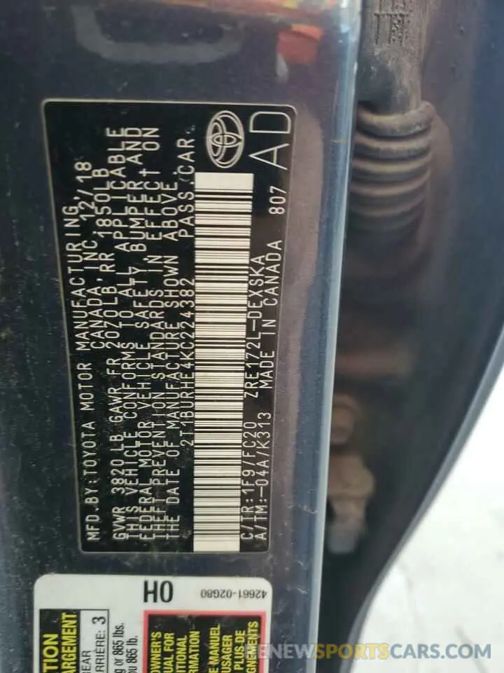 12 fotografías del automóvil dañado 2T1BURHE4KC224382 TOYOTA COROLLA 2019