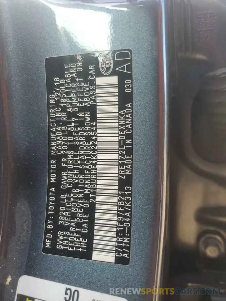 12 fotografías del automóvil dañado 2T1BURHE4KC224544 TOYOTA COROLLA 2019