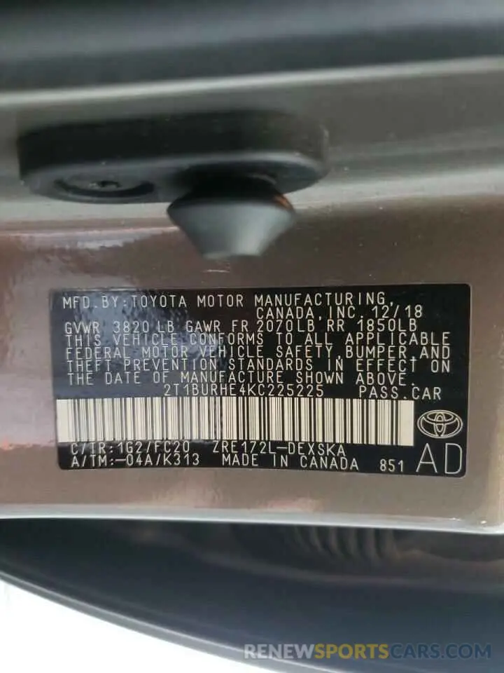 10 fotografías del automóvil dañado 2T1BURHE4KC225225 TOYOTA COROLLA 2019