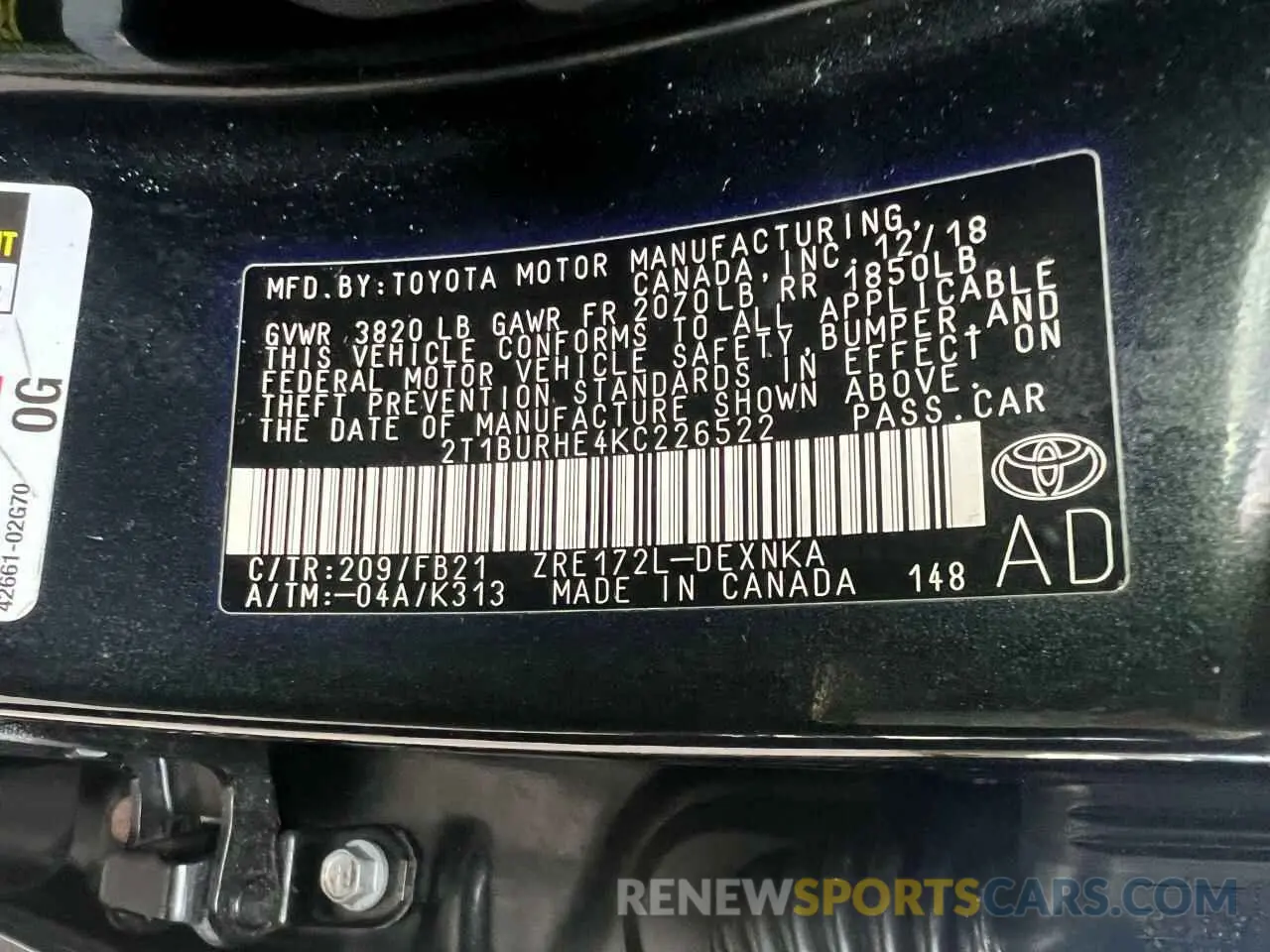 10 fotografías del automóvil dañado 2T1BURHE4KC226522 TOYOTA COROLLA 2019