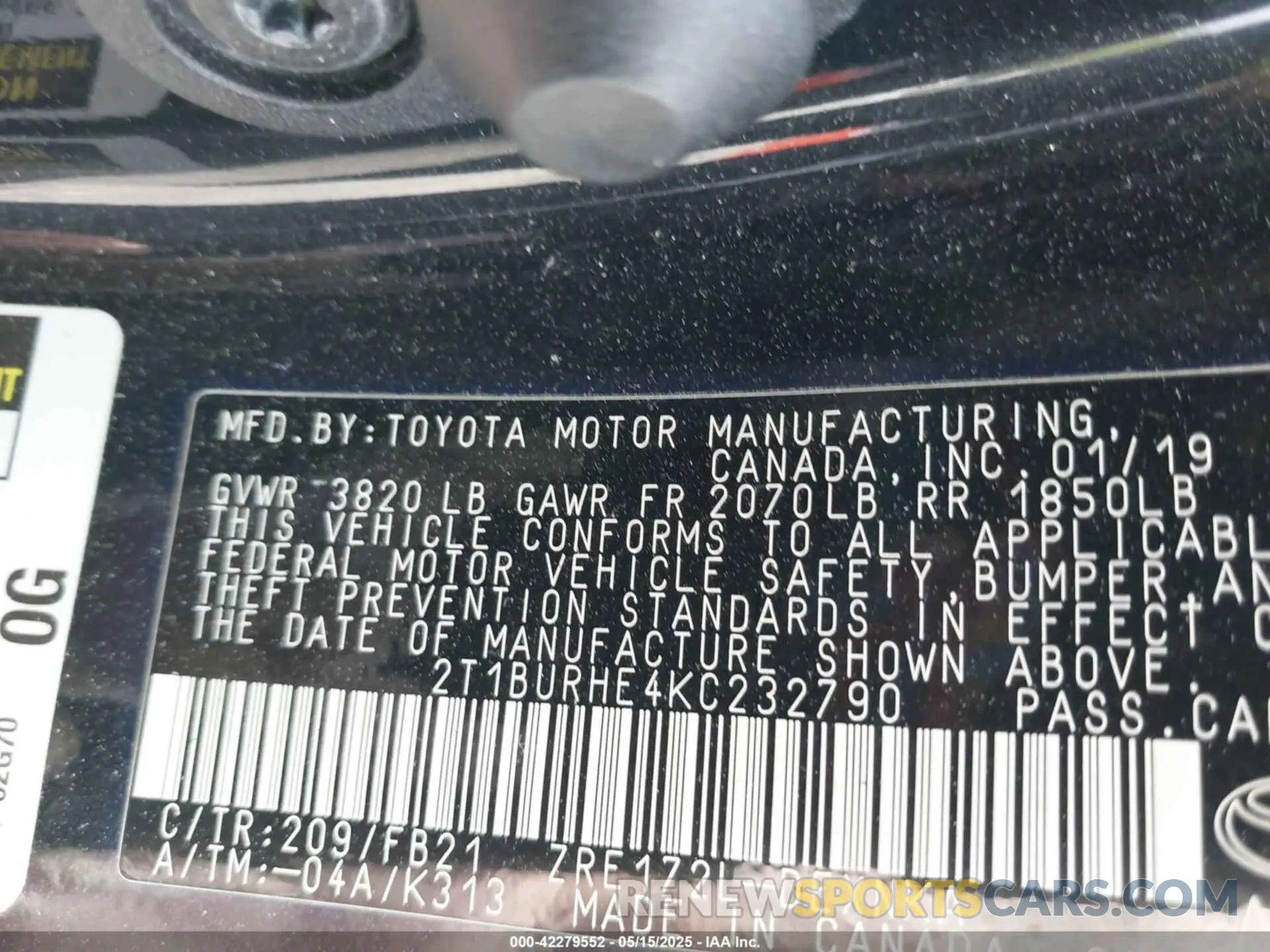 9 fotografías del automóvil dañado 2T1BURHE4KC232790 TOYOTA COROLLA 2019