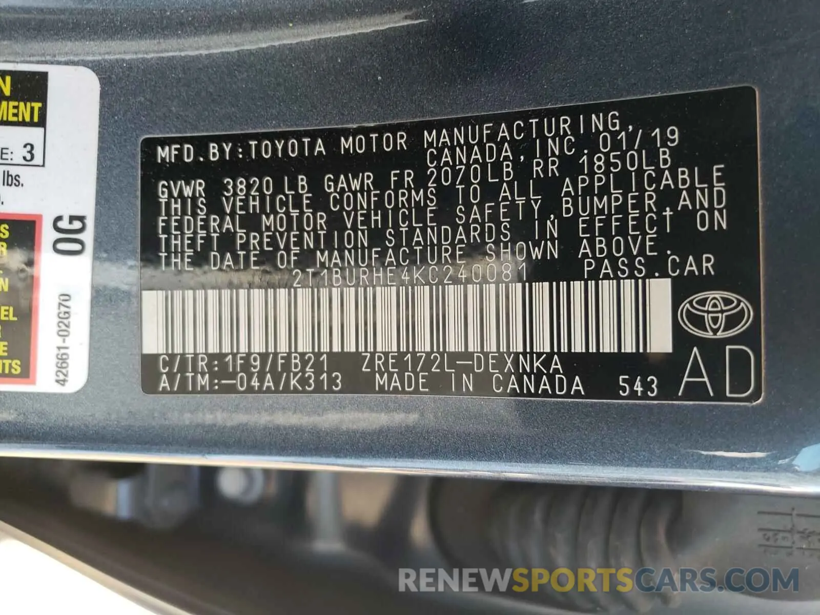 10 fotografías del automóvil dañado 2T1BURHE4KC240081 TOYOTA COROLLA 2019