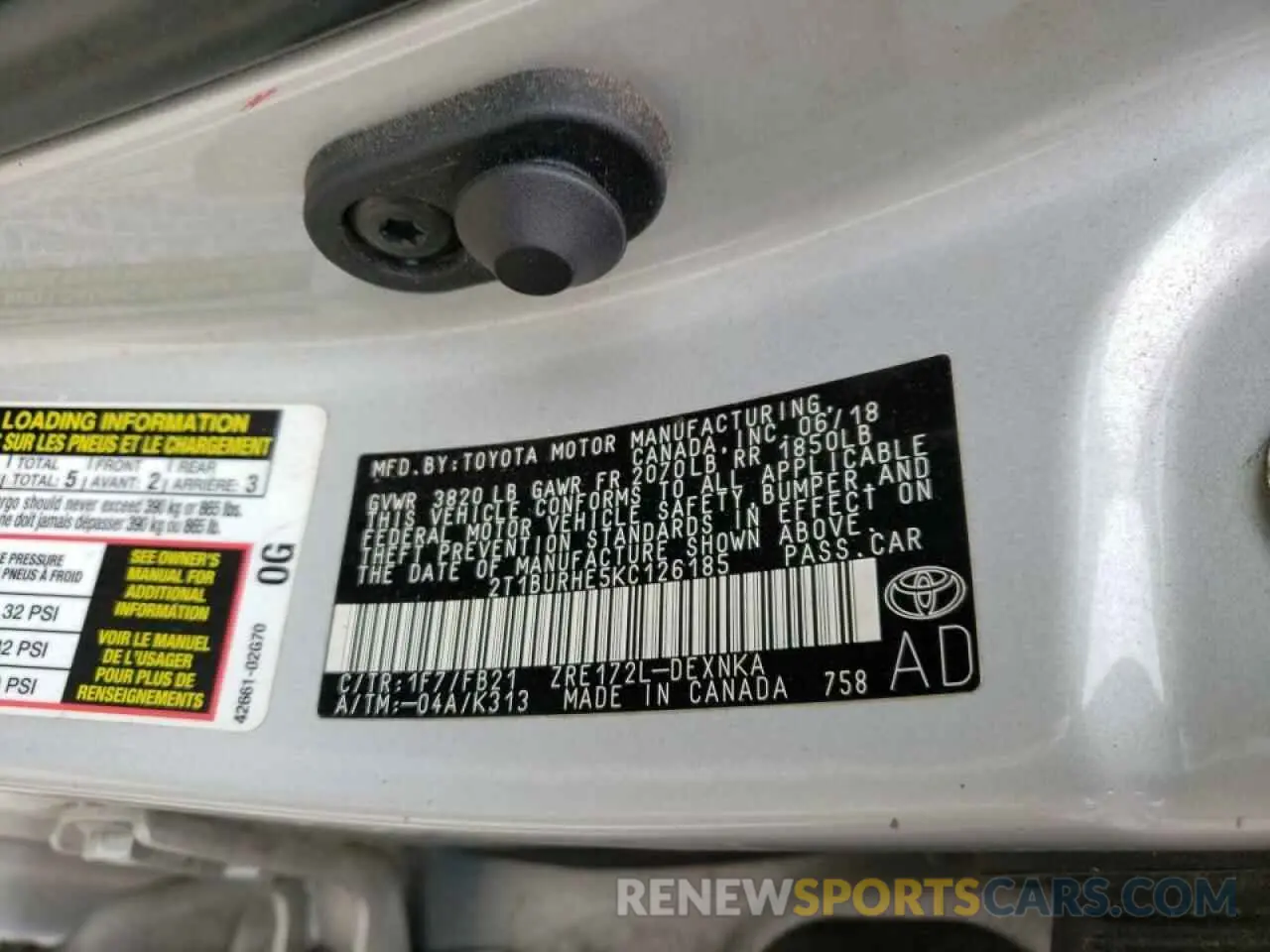 10 fotografías del automóvil dañado 2T1BURHE5KC126185 TOYOTA COROLLA 2019