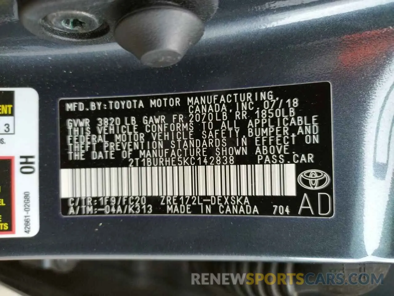 10 fotografías del automóvil dañado 2T1BURHE5KC142838 TOYOTA COROLLA 2019