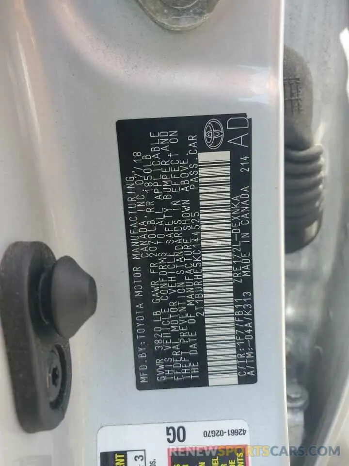 13 fotografías del automóvil dañado 2T1BURHE5KC144525 TOYOTA COROLLA 2019