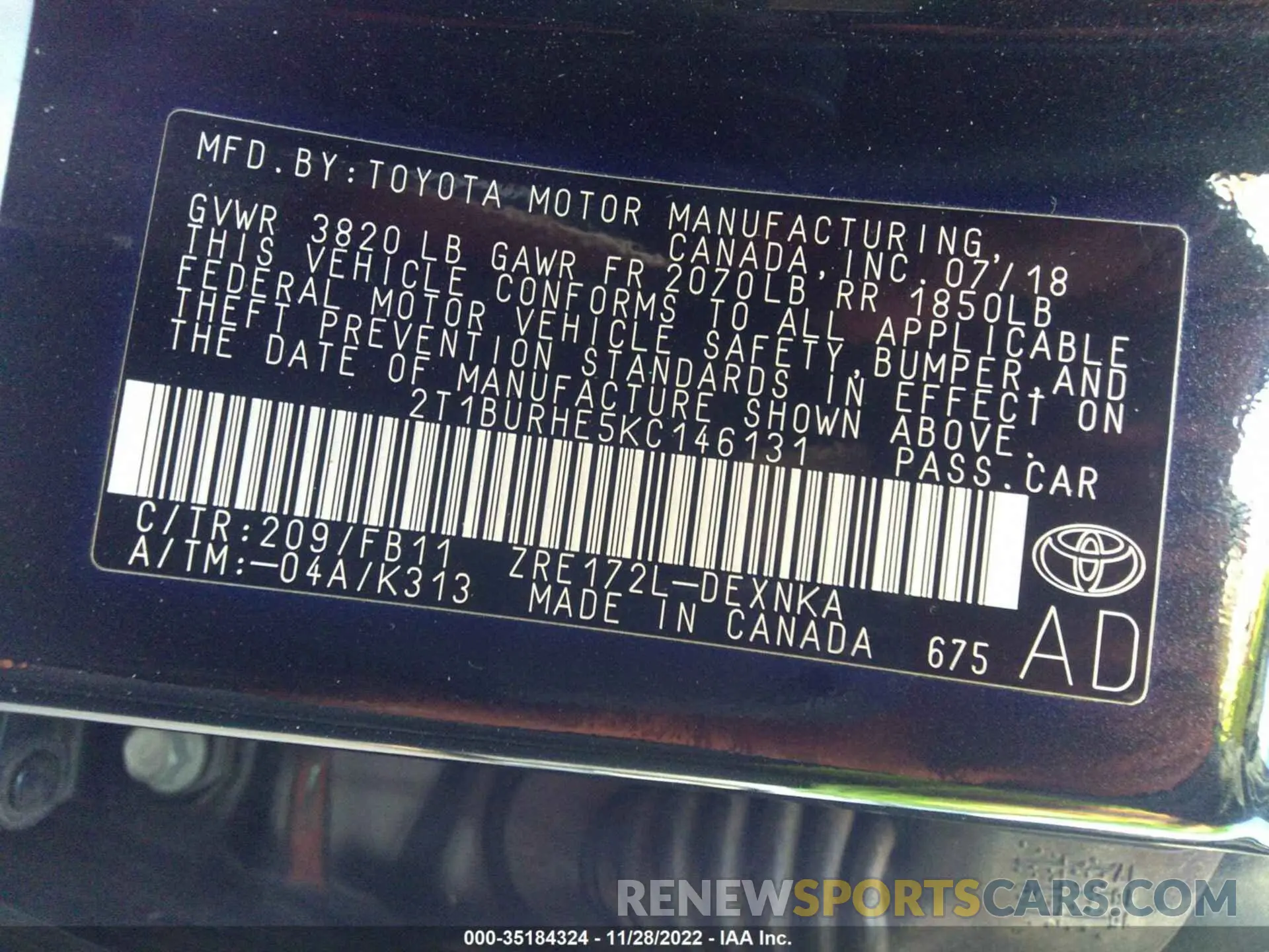 9 fotografías del automóvil dañado 2T1BURHE5KC146131 TOYOTA COROLLA 2019