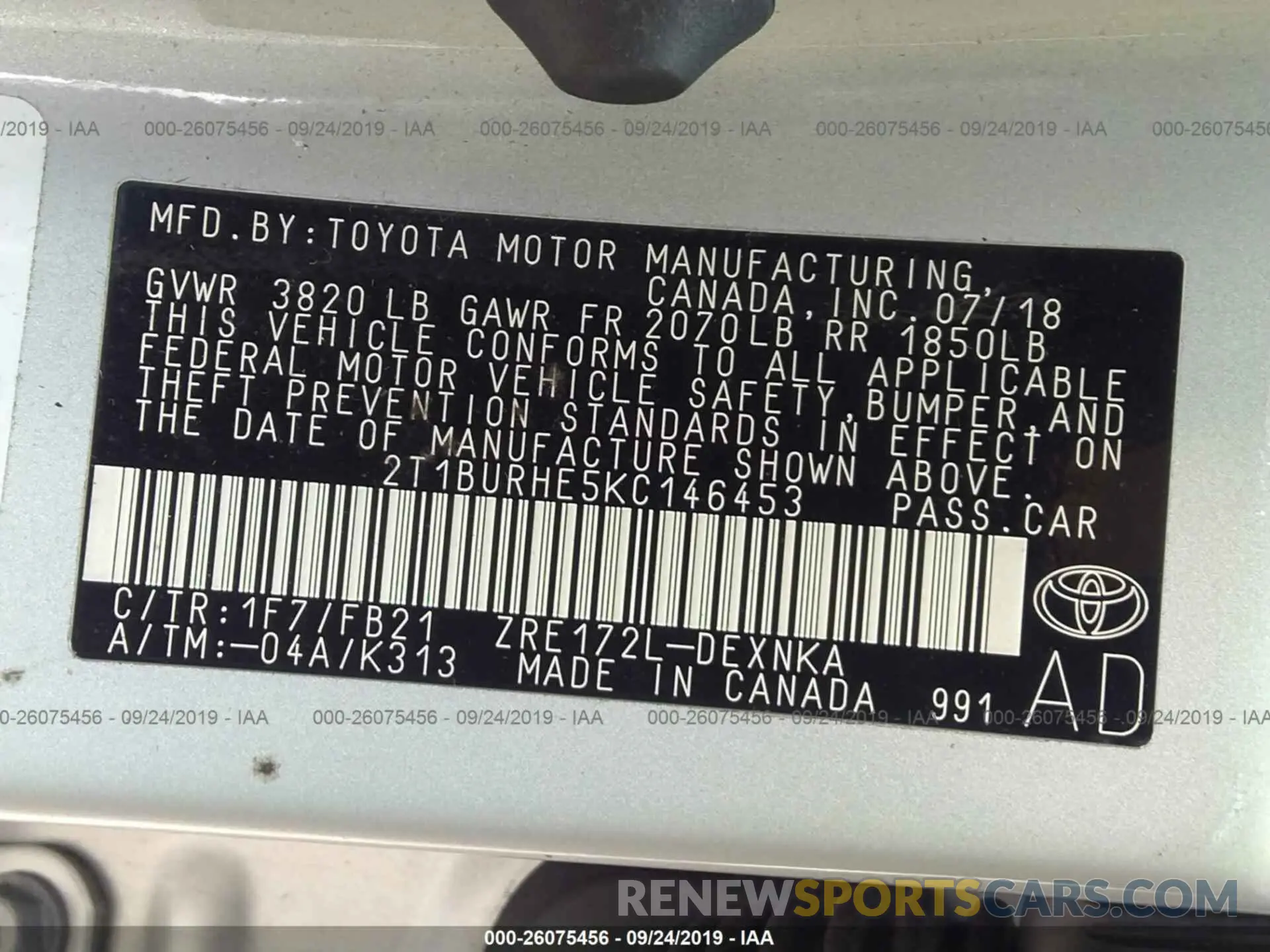 9 fotografías del automóvil dañado 2T1BURHE5KC146453 TOYOTA COROLLA 2019