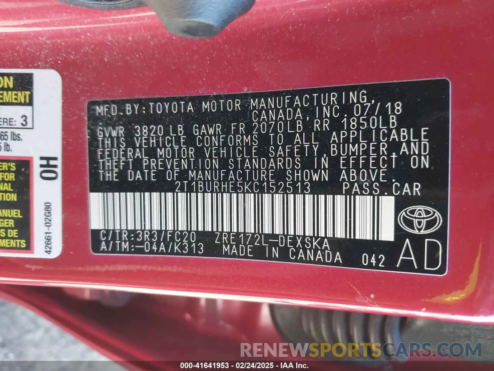 9 fotografías del automóvil dañado 2T1BURHE5KC152513 TOYOTA COROLLA 2019