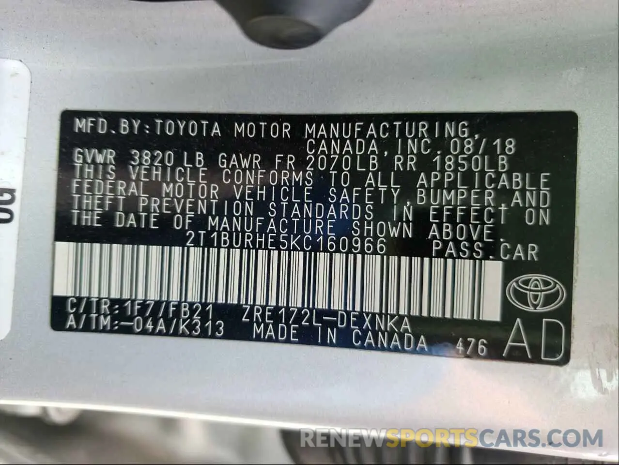 10 fotografías del automóvil dañado 2T1BURHE5KC160966 TOYOTA COROLLA 2019