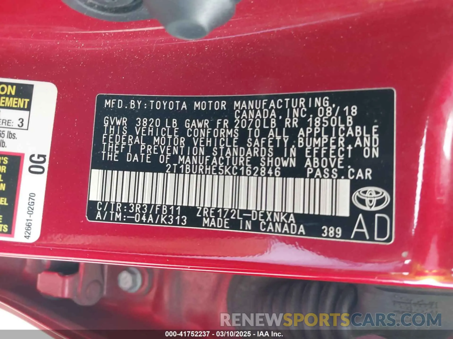 9 fotografías del automóvil dañado 2T1BURHE5KC162846 TOYOTA COROLLA 2019