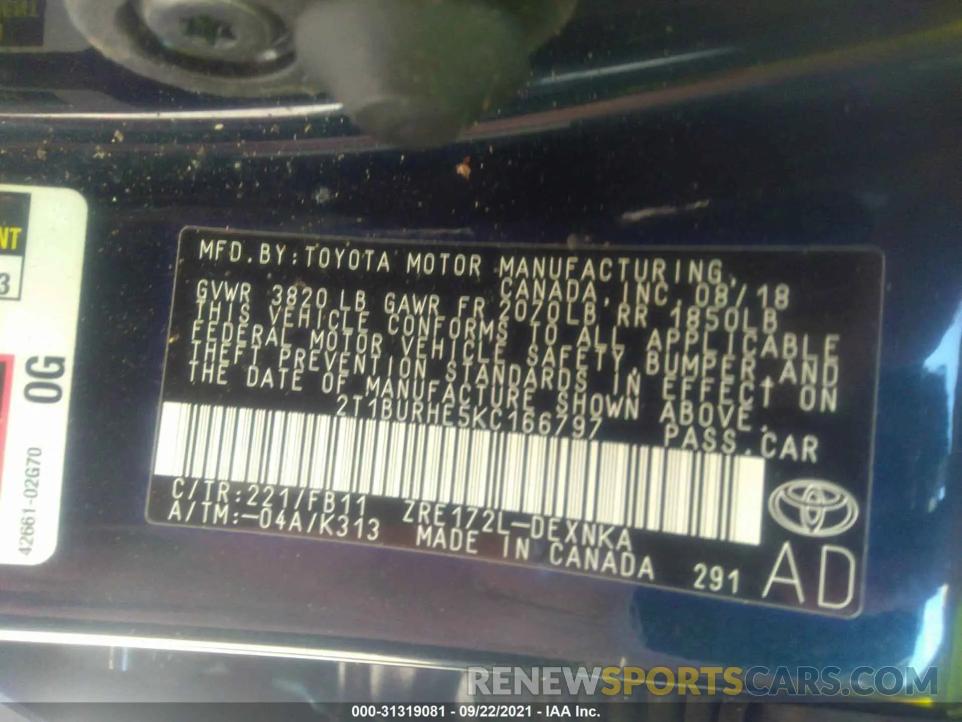 9 fotografías del automóvil dañado 2T1BURHE5KC166797 TOYOTA COROLLA 2019