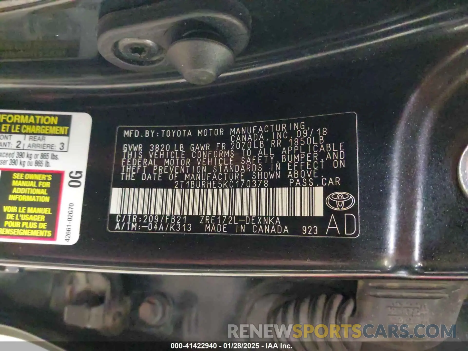 9 fotografías del automóvil dañado 2T1BURHE5KC170378 TOYOTA COROLLA 2019