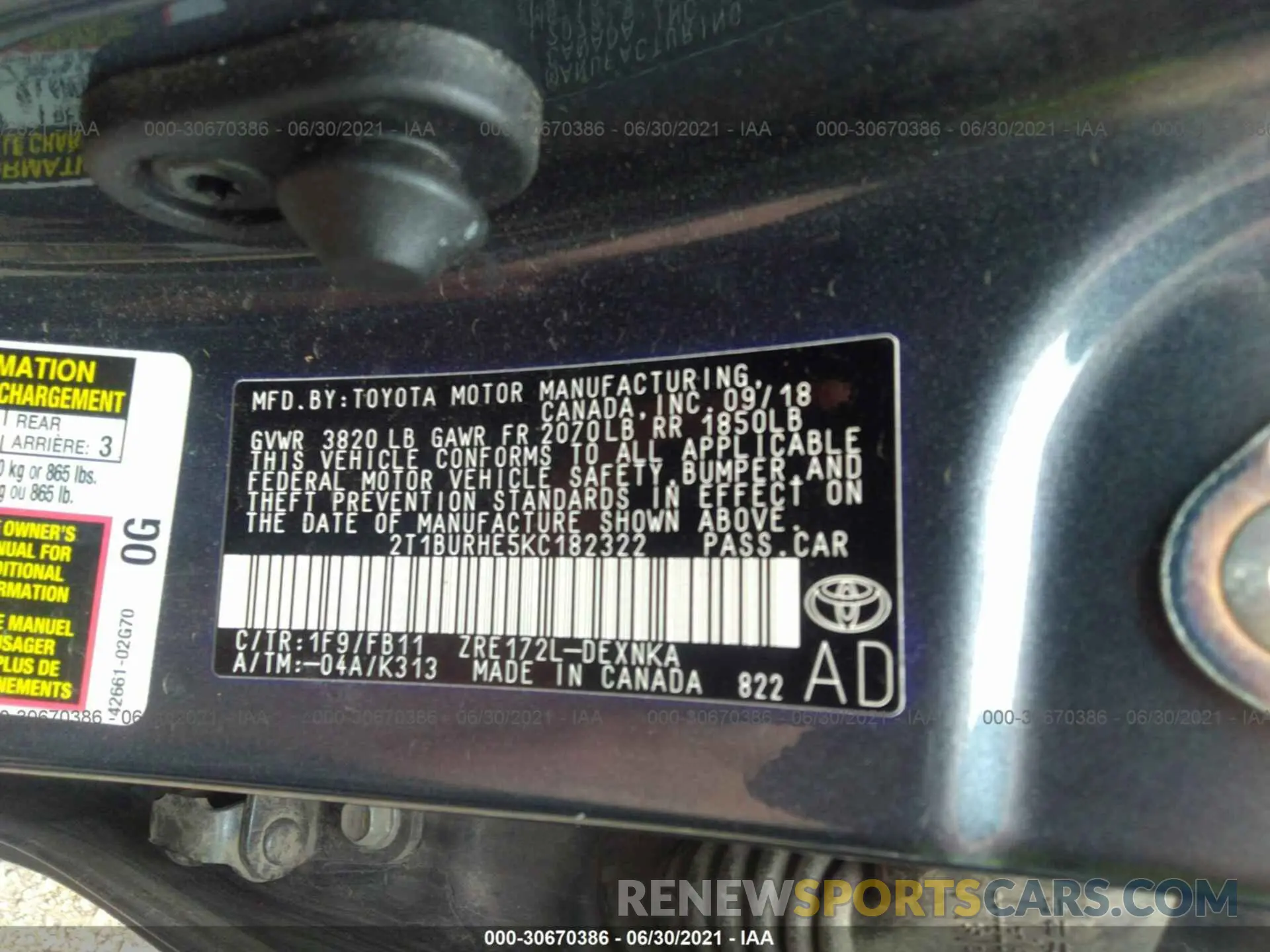 9 fotografías del automóvil dañado 2T1BURHE5KC182322 TOYOTA COROLLA 2019
