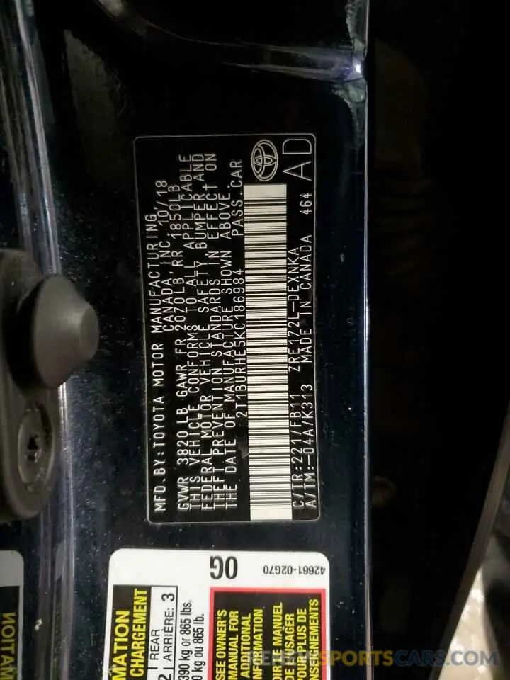 14 fotografías del automóvil dañado 2T1BURHE5KC186984 TOYOTA COROLLA 2019