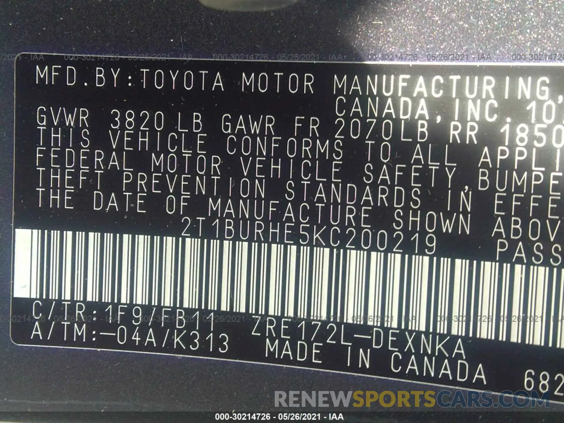 9 fotografías del automóvil dañado 2T1BURHE5KC200219 TOYOTA COROLLA 2019