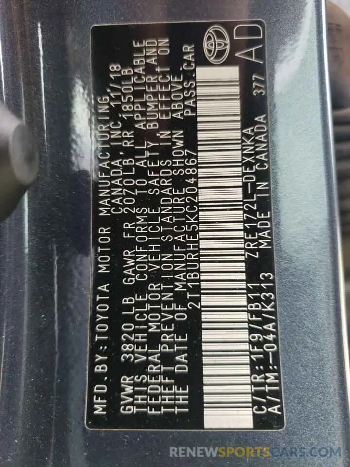 10 fotografías del automóvil dañado 2T1BURHE5KC204867 TOYOTA COROLLA 2019