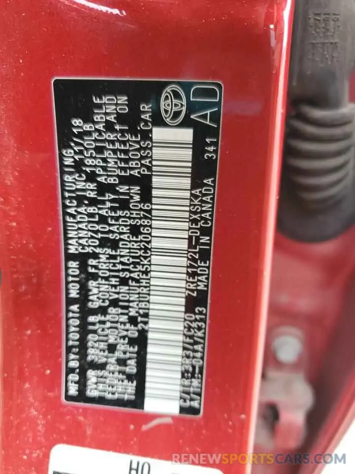 12 fotografías del automóvil dañado 2T1BURHE5KC206876 TOYOTA COROLLA 2019