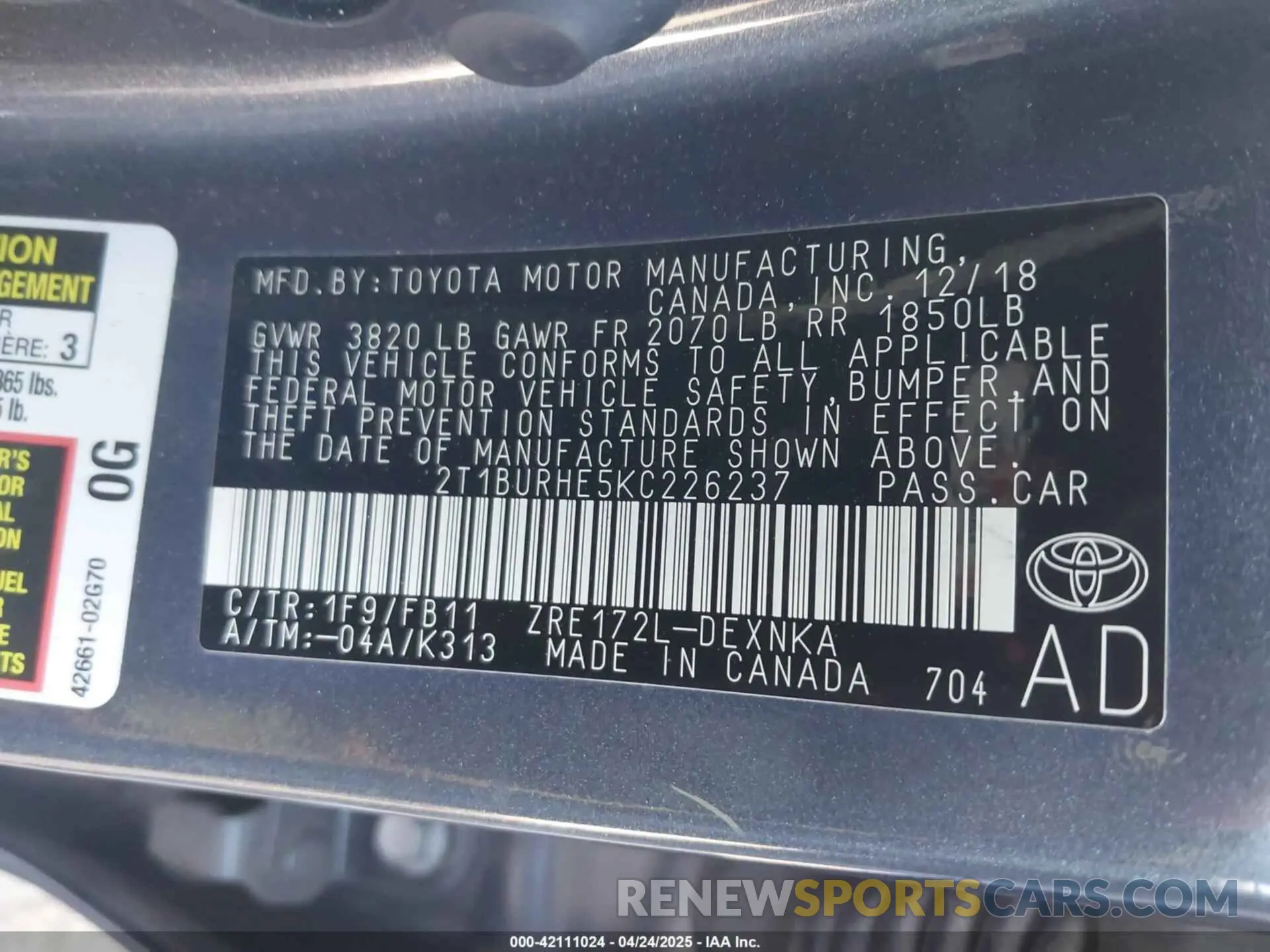 9 fotografías del automóvil dañado 2T1BURHE5KC226237 TOYOTA COROLLA 2019