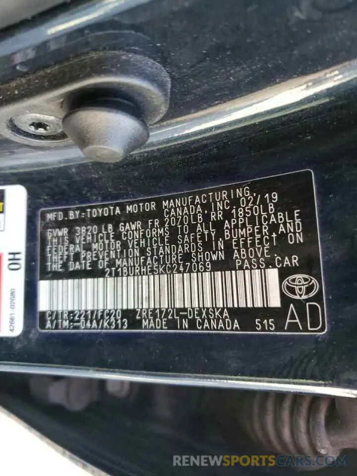10 fotografías del automóvil dañado 2T1BURHE5KC247069 TOYOTA COROLLA 2019
