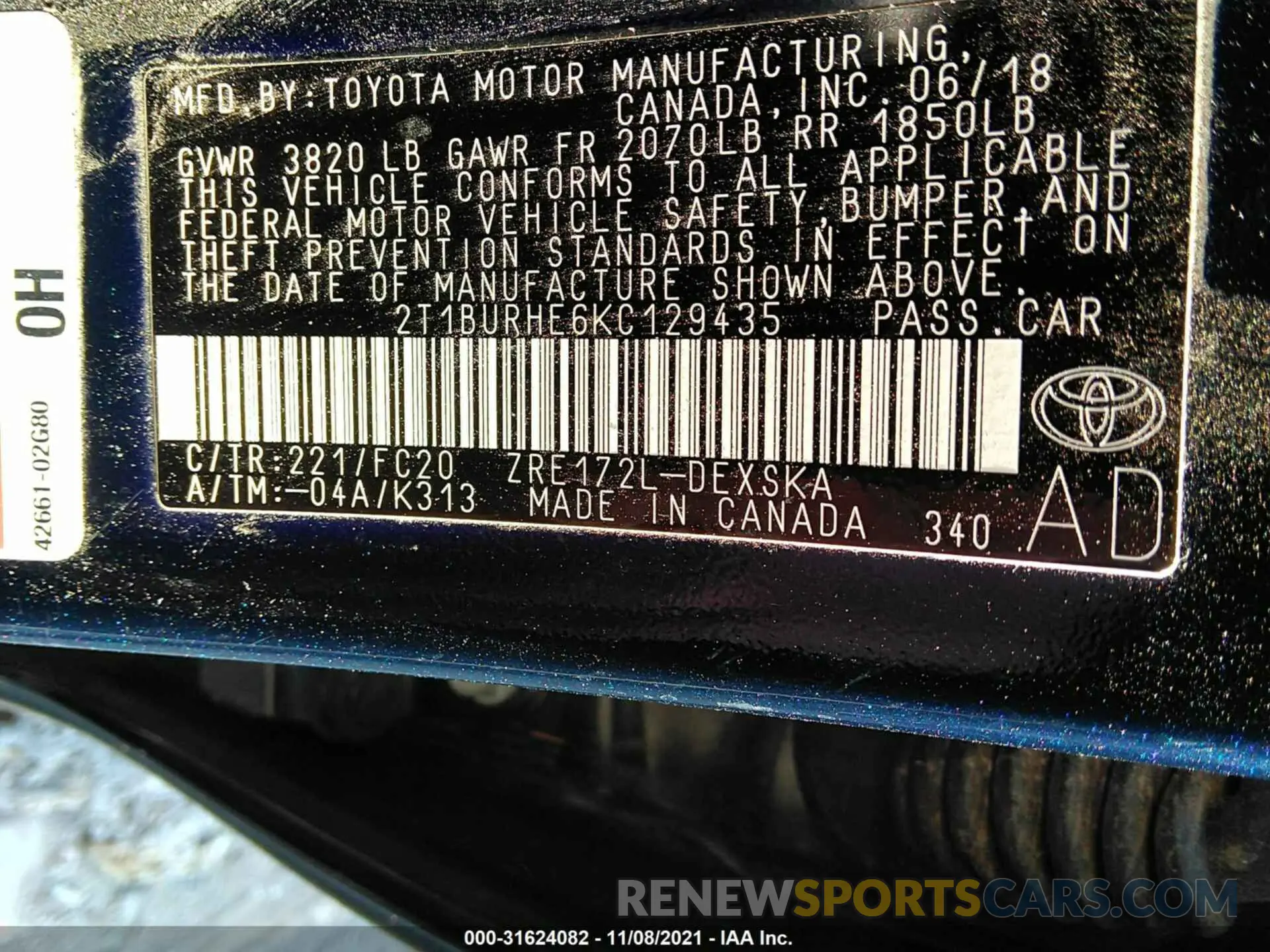 9 fotografías del automóvil dañado 2T1BURHE6KC129435 TOYOTA COROLLA 2019