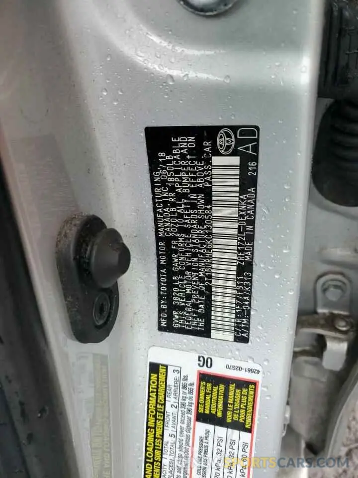 12 fotografías del automóvil dañado 2T1BURHE6KC130584 TOYOTA COROLLA 2019