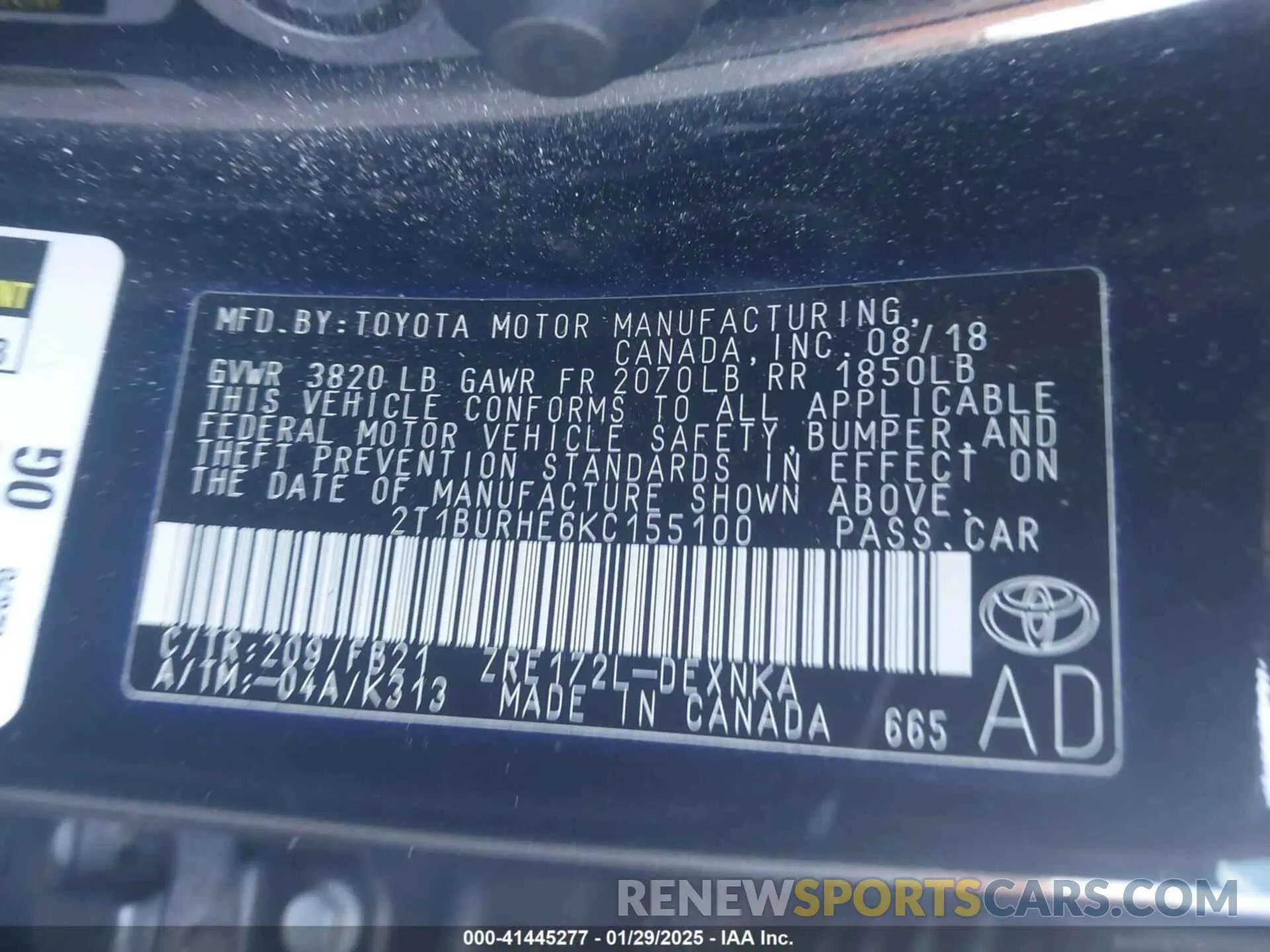 9 fotografías del automóvil dañado 2T1BURHE6KC155100 TOYOTA COROLLA 2019