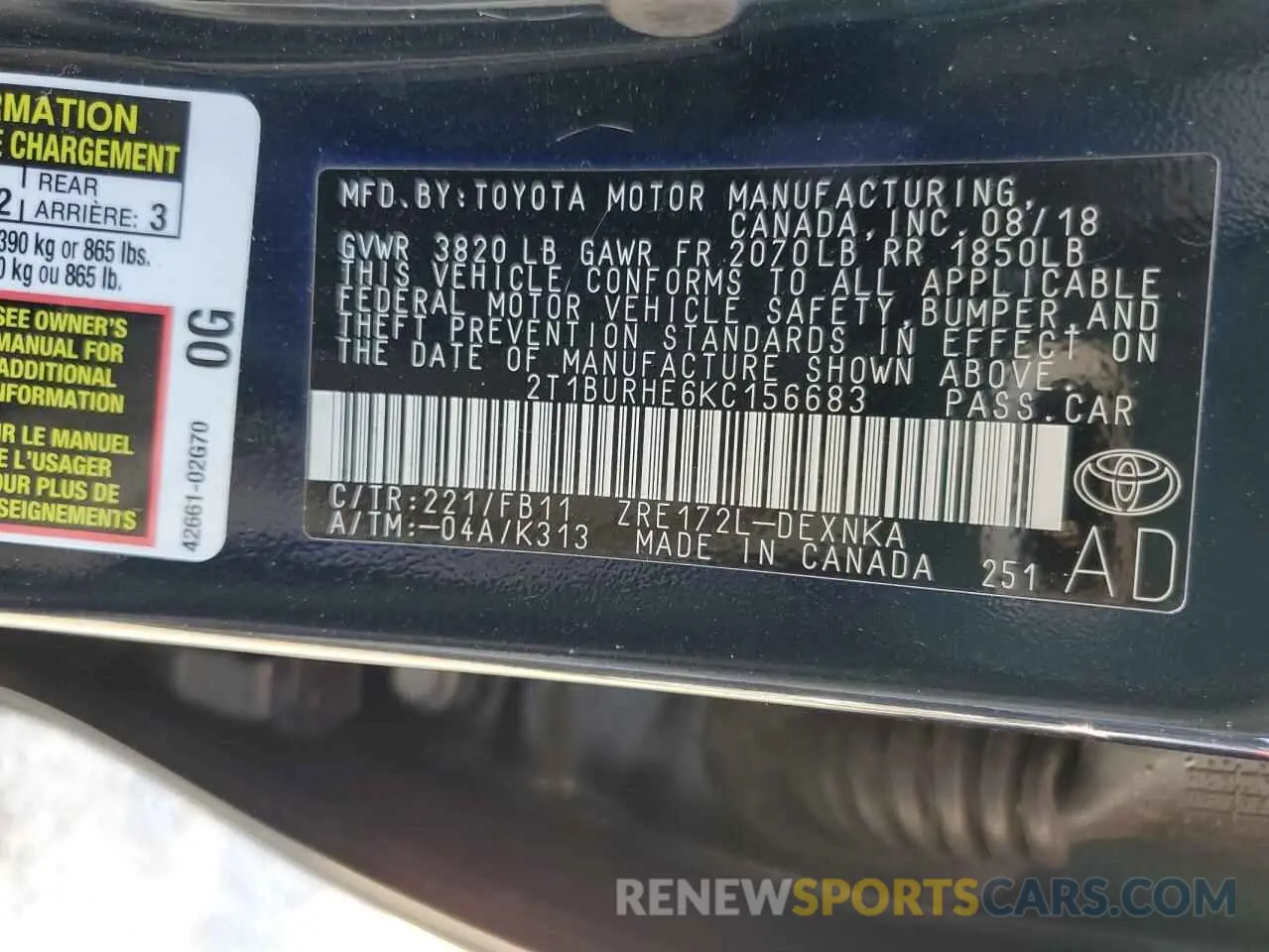 10 fotografías del automóvil dañado 2T1BURHE6KC156683 TOYOTA COROLLA 2019