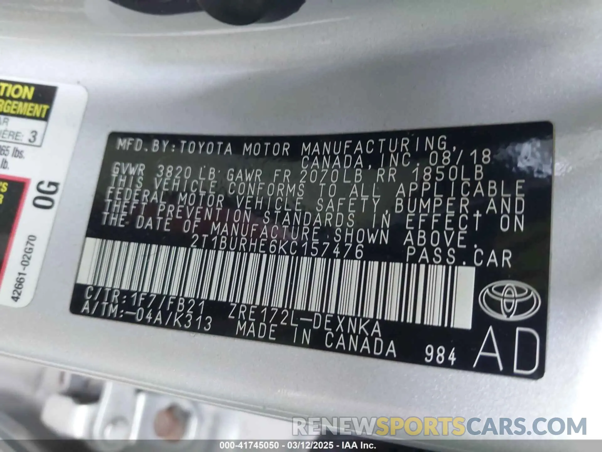9 fotografías del automóvil dañado 2T1BURHE6KC157476 TOYOTA COROLLA 2019
