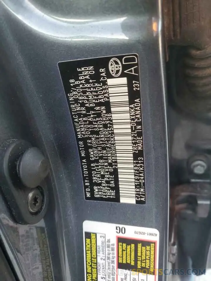 12 fotografías del automóvil dañado 2T1BURHE6KC157736 TOYOTA COROLLA 2019