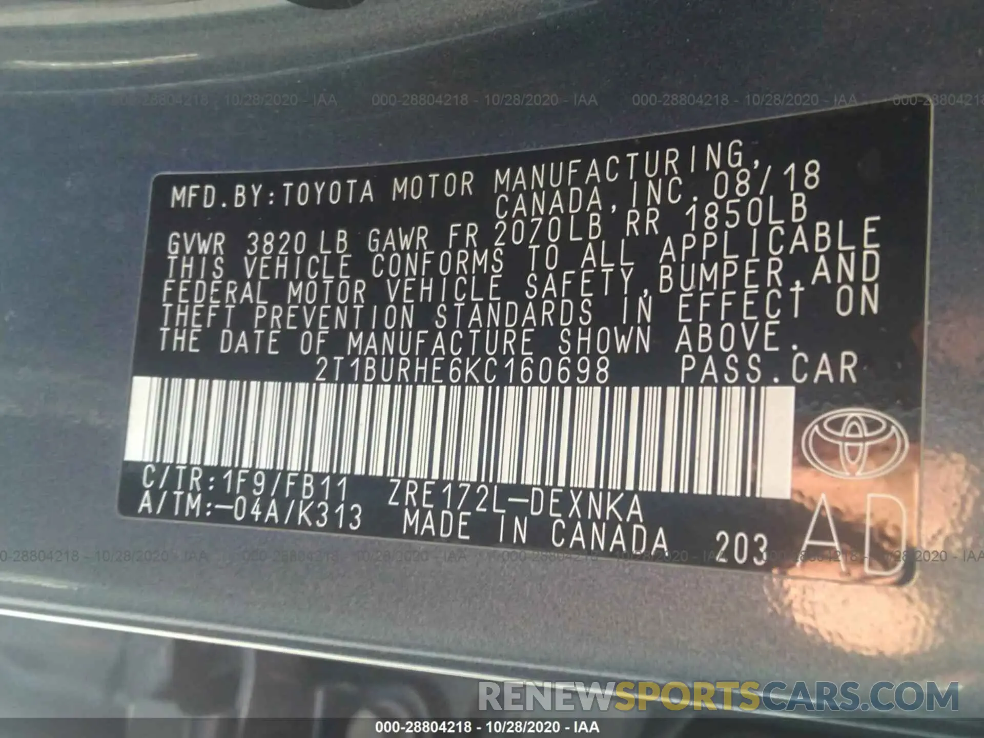 9 fotografías del automóvil dañado 2T1BURHE6KC160698 TOYOTA COROLLA 2019