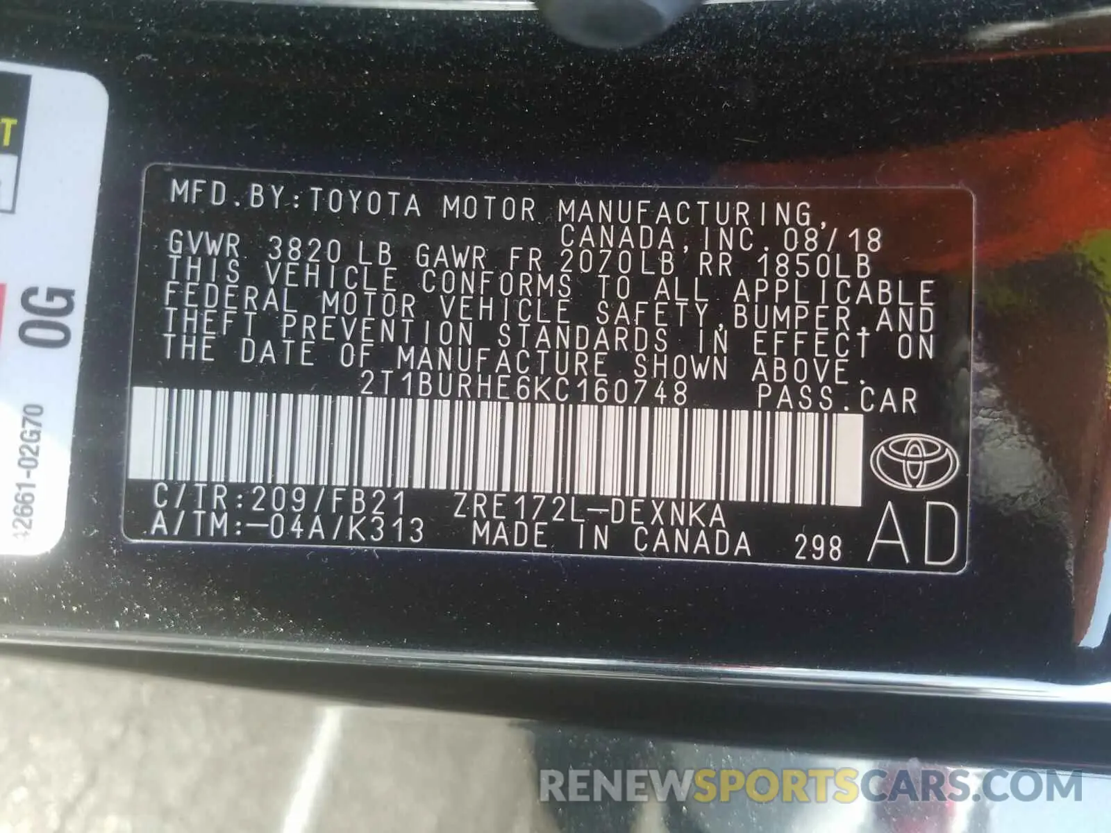 10 fotografías del automóvil dañado 2T1BURHE6KC160748 TOYOTA COROLLA 2019