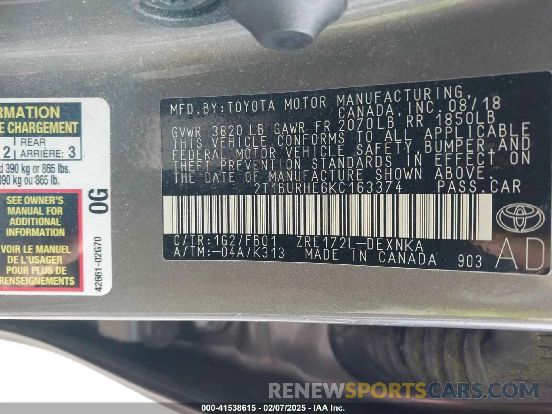 9 fotografías del automóvil dañado 2T1BURHE6KC163374 TOYOTA COROLLA 2019