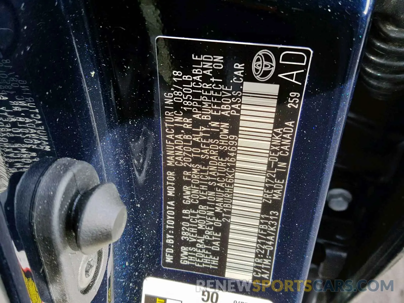 10 fotografías del automóvil dañado 2T1BURHE6KC164699 TOYOTA COROLLA 2019