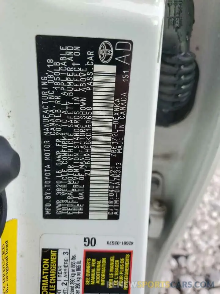 13 fotografías del automóvil dañado 2T1BURHE6KC169658 TOYOTA COROLLA 2019