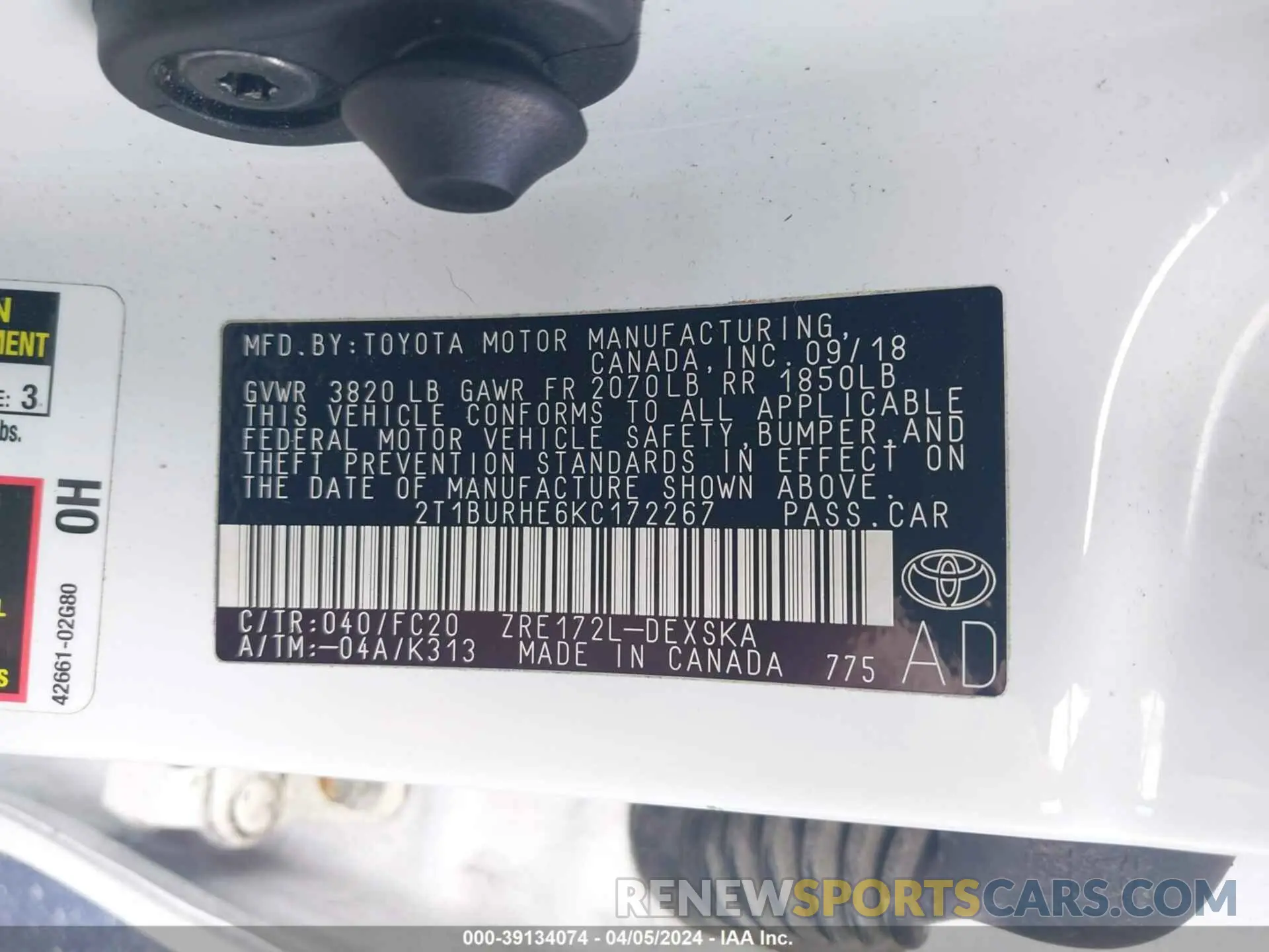 9 fotografías del automóvil dañado 2T1BURHE6KC172267 TOYOTA COROLLA 2019