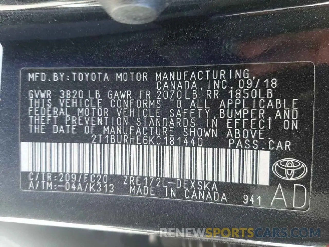 10 fotografías del automóvil dañado 2T1BURHE6KC181440 TOYOTA COROLLA 2019