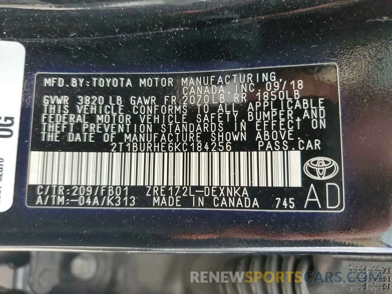 10 fotografías del automóvil dañado 2T1BURHE6KC184256 TOYOTA COROLLA 2019