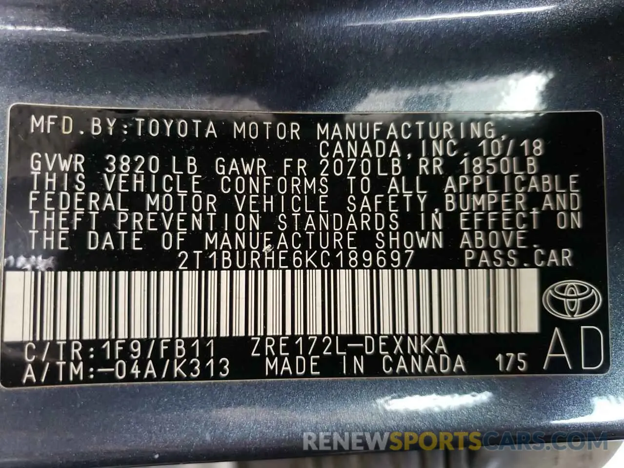 12 fotografías del automóvil dañado 2T1BURHE6KC189697 TOYOTA COROLLA 2019