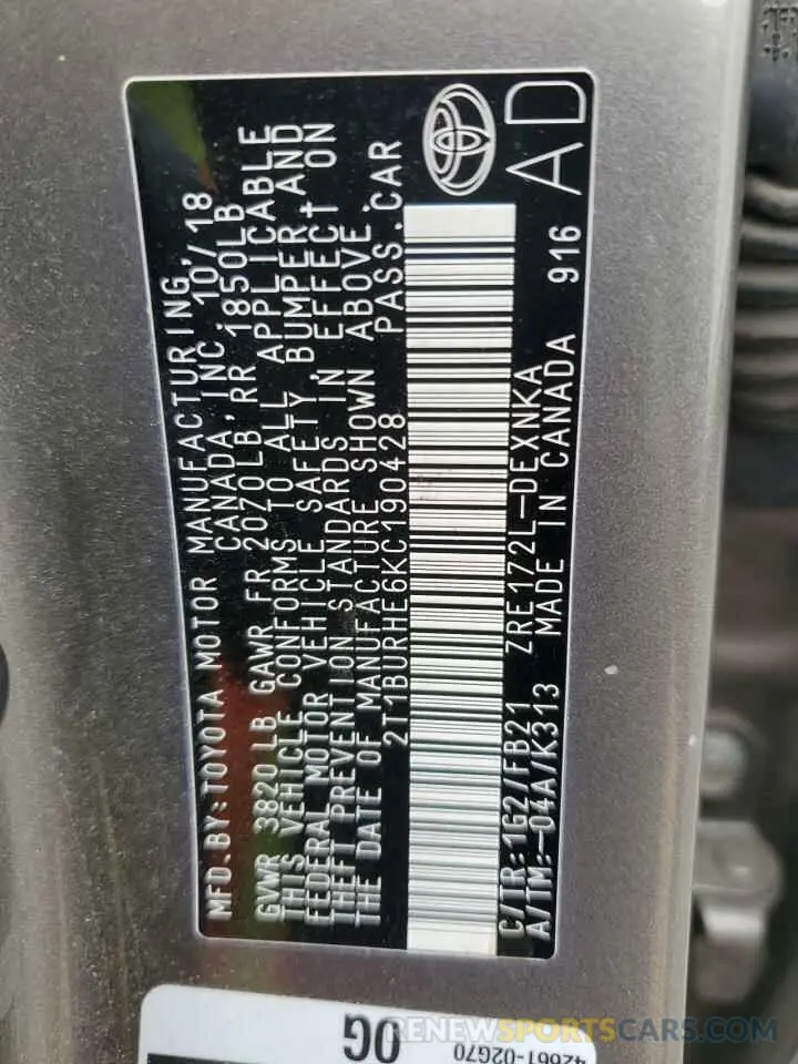 13 fotografías del automóvil dañado 2T1BURHE6KC190428 TOYOTA COROLLA 2019