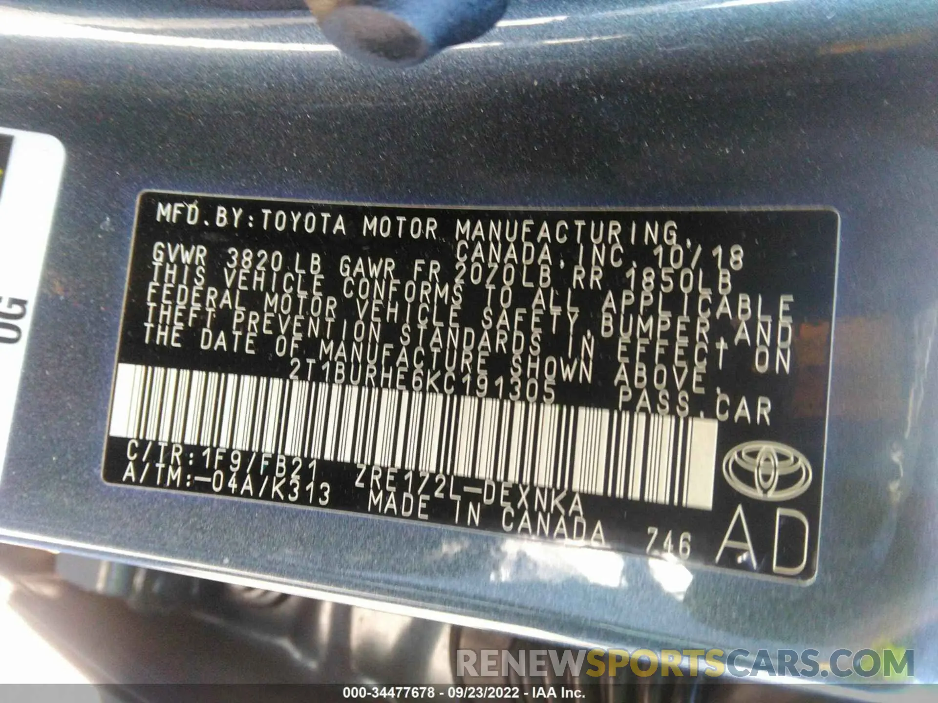 9 fotografías del automóvil dañado 2T1BURHE6KC191305 TOYOTA COROLLA 2019